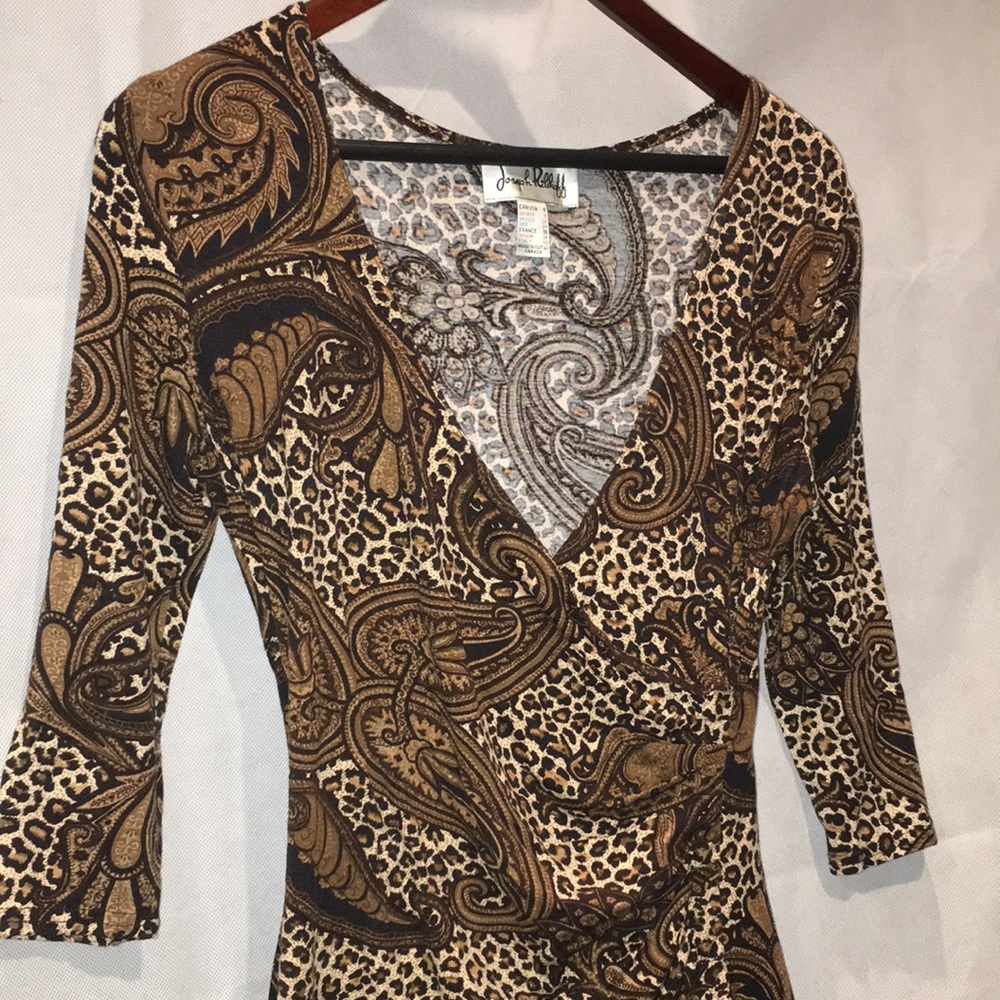 Joseph Ribkoff Fall Colors Paisley Leaopard Print V-Neck 3/4 sleeve Dress | 6